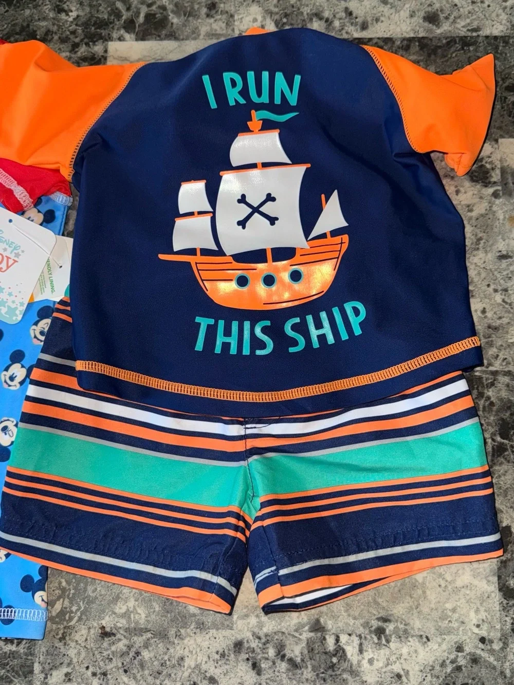 Mickey Blue Zip Front Baby Swimsuit & Nautical Ship Rash Guard Set | both new
